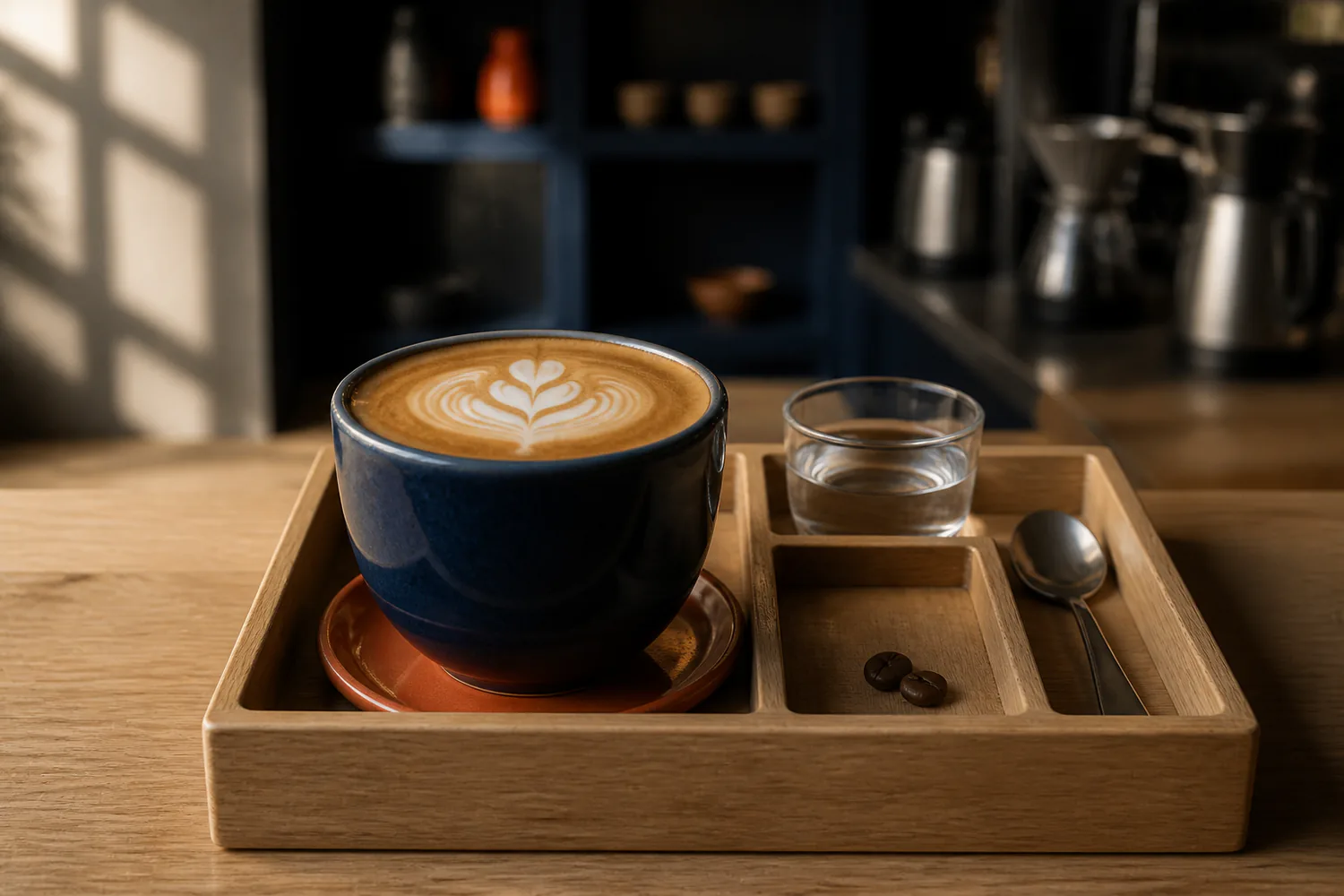 Una taza de café de especialidad en cerámica azul, servida en una bandeja de madera compartimentada con agua y cuchara