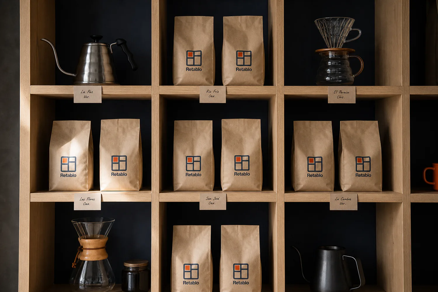 El estante de bolsas de café por finca, ordenadas en compartimentos cuadrados con etiquetas escritas a mano