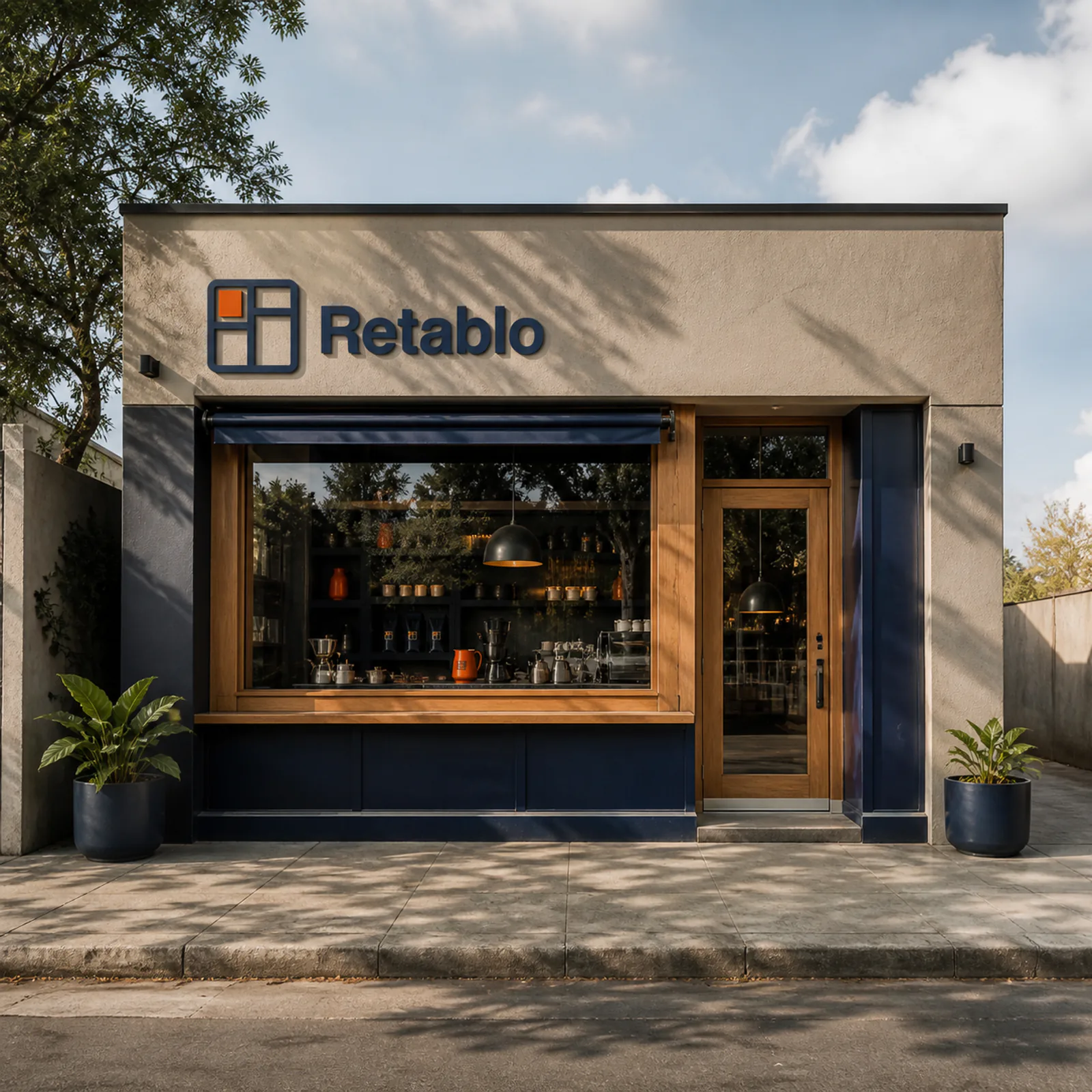 La fachada de Retablo a media mañana, con el ventanal ancho y el toldo recogido